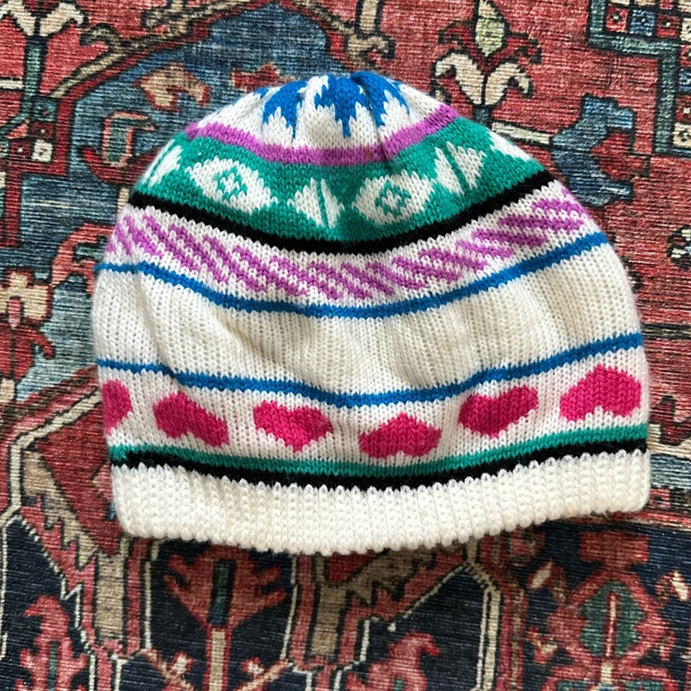 Girls Vintage Winter Hat by Hanes with Cute Heart Fair Isle Pattern
